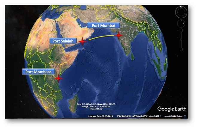 Map of the vessel's Indian Ocean track