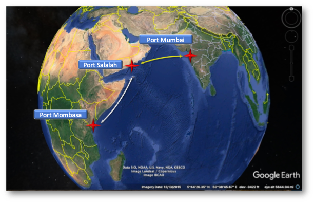 Map of the return leg toward Salalah and Mumbai